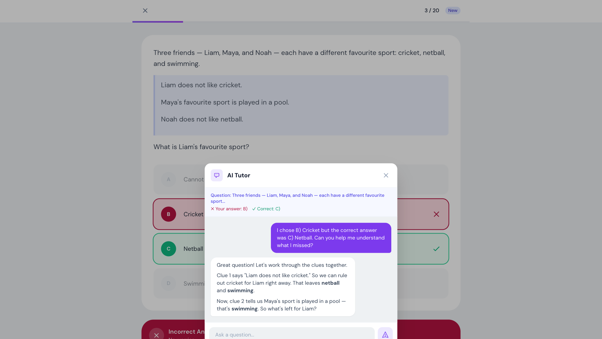 PrepKit practice session showing a maths question with AI tutor hints